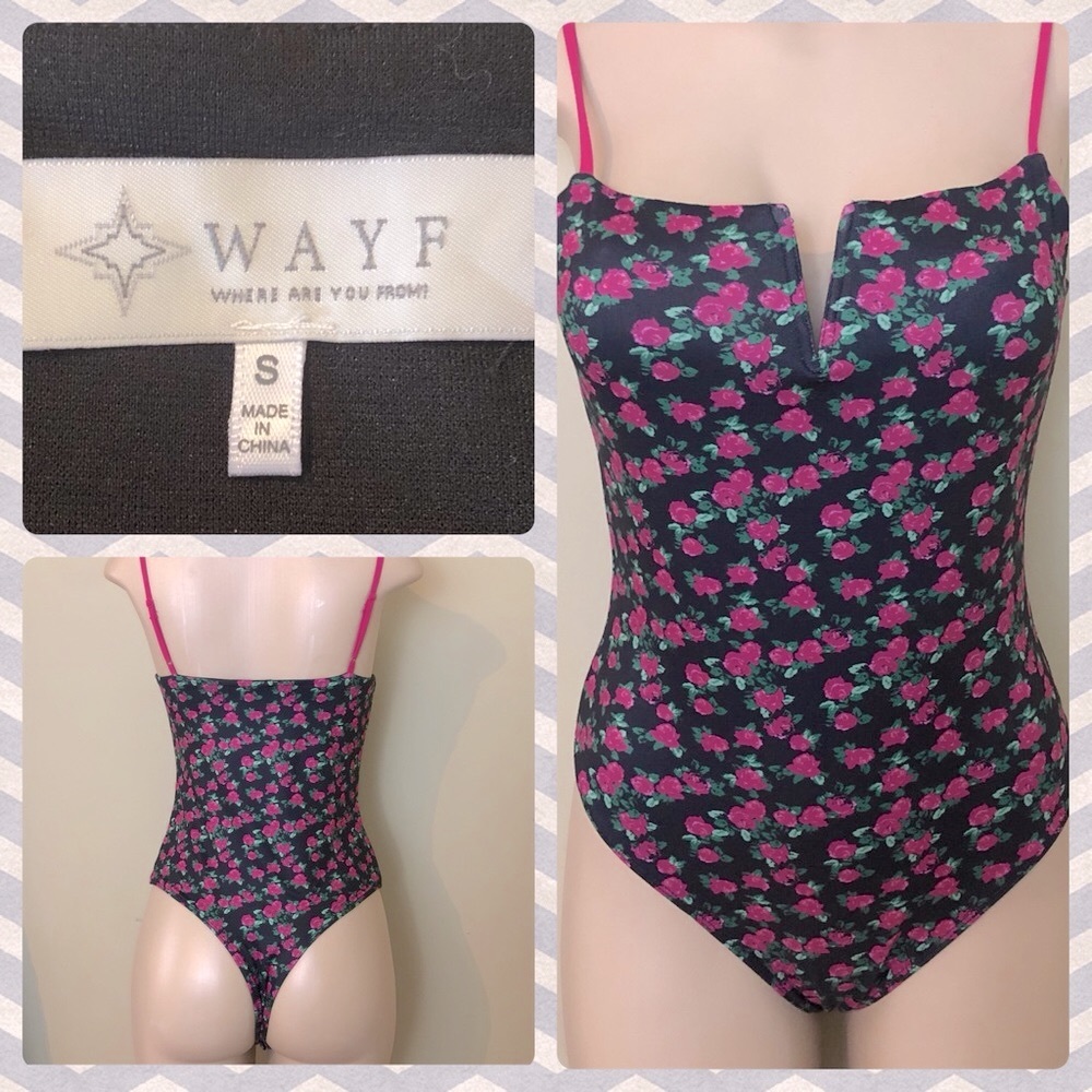 Wayf Pink Black Floral Plunge Notch Cami Thong Bodysuit Small